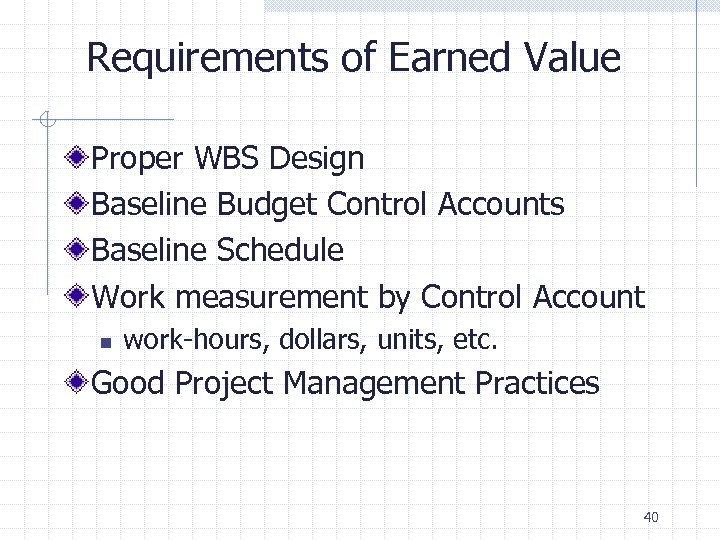 Requirements of Earned Value Proper WBS Design Baseline Budget Control Accounts Baseline Schedule Work