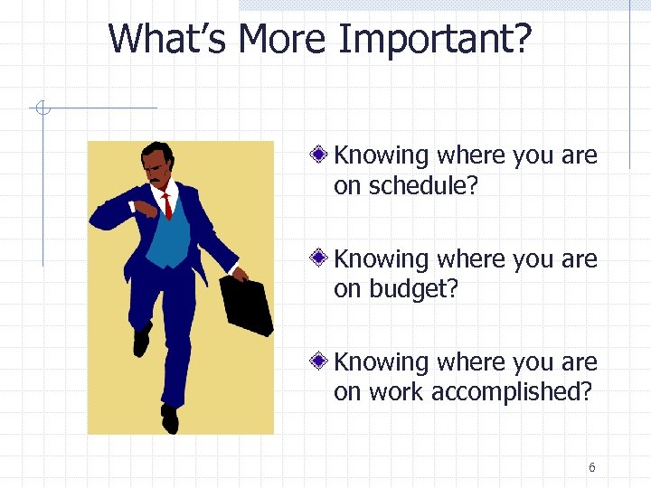 What’s More Important? Knowing where you are on schedule? Knowing where you are on