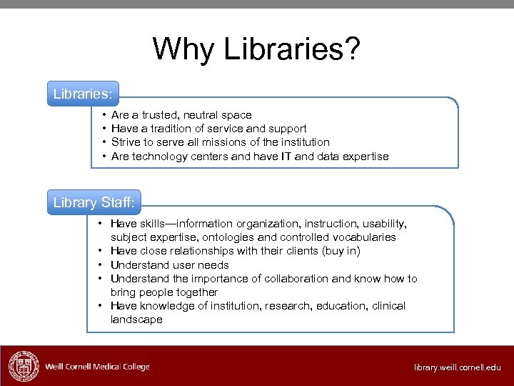 Why Libraries? Libraries: • • Are a trusted, neutral space Have a tradition of