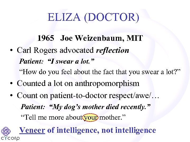 ELIZA (DOCTOR) 1965 Joe Weizenbaum, MIT • Carl Rogers advocated reflection Patient: “I swear