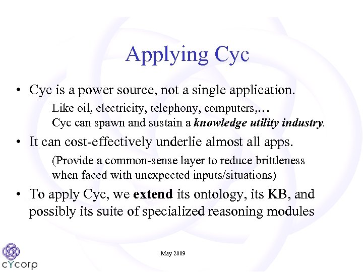  Applying Cyc • Cyc is a power source, not a single application. Like