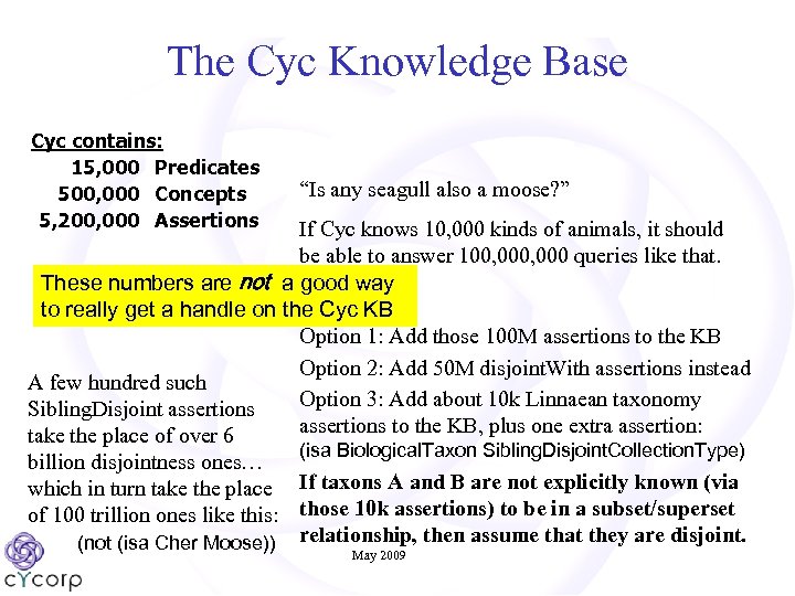 The Cyc Knowledge Base Cyc contains: 15, 000 Predicates 500, 000 Concepts 5, 200,