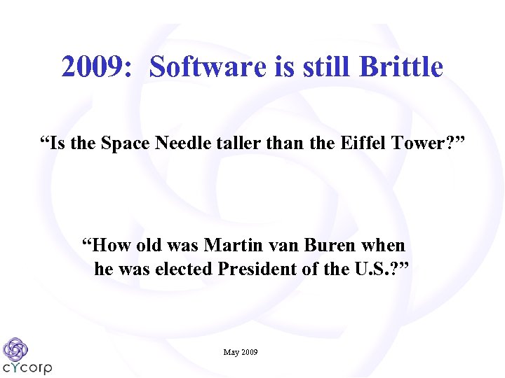 2009: Software is still Brittle “Is the Space Needle taller than the Eiffel Tower?