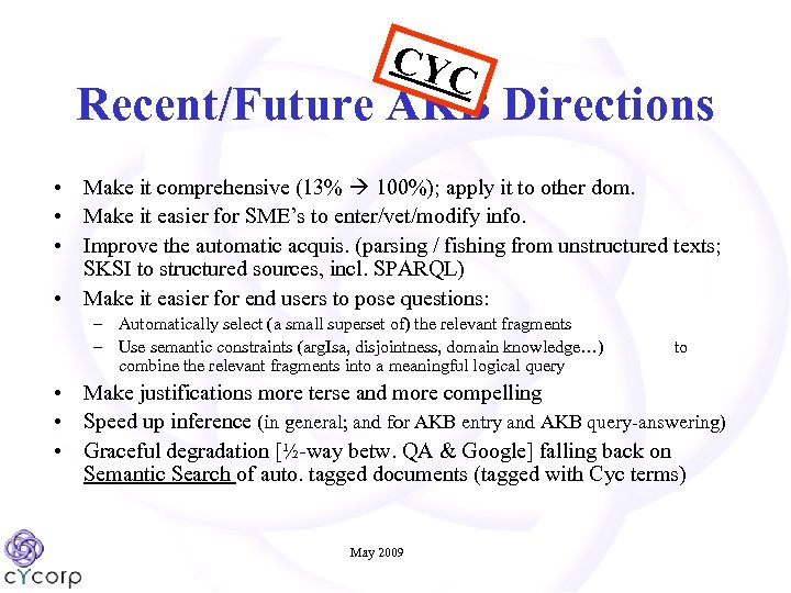 CYC Recent/Future AKB Directions • Make it comprehensive (13% 100%); apply it to other