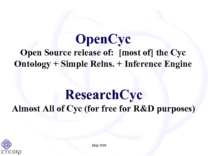 Open. Cyc Open Source release of: [most of] the Cyc Ontology + Simple Relns.