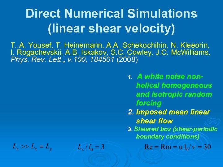 Direct Numerical Simulations (linear shear velocity) T. A. Yousef, T. Heinemann, A. A. Schekochihin,