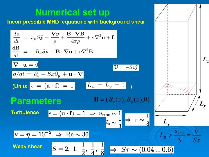 Numerical set up Incompressible MHD equations with background shear (Units: Parameters Turbulence: Weak shear: