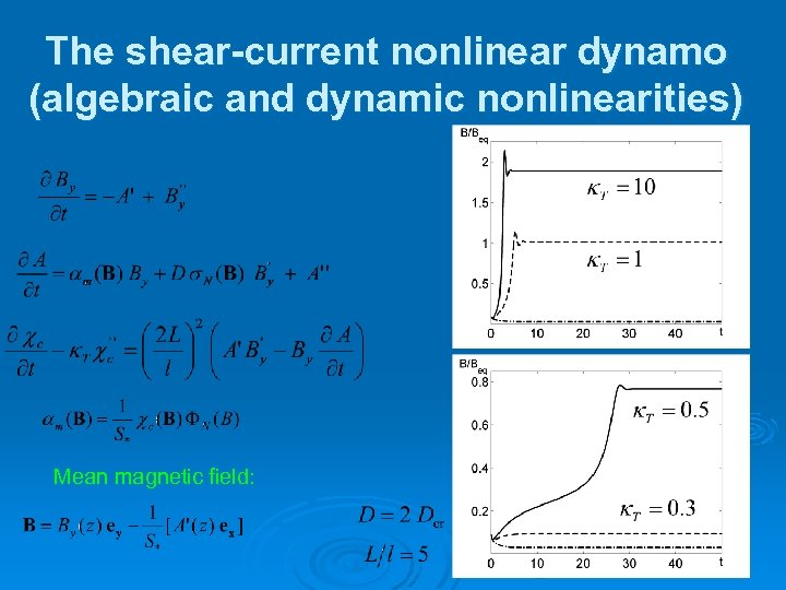 The shear-current nonlinear dynamo (algebraic and dynamic nonlinearities) Mean magnetic field: 