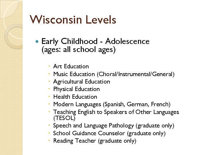 Wisconsin Levels Early Childhood - Adolescence (ages: all school ages) Art Education Music Education