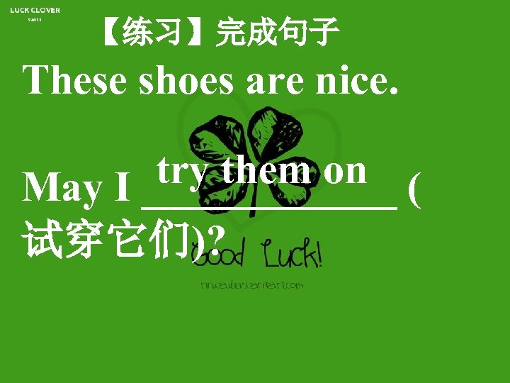 【练习】完成句子 These shoes are nice. try them on ( May I ______ 试穿它们)? 