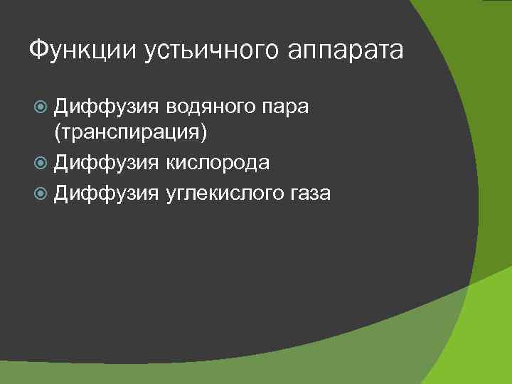 Функции устьичного аппарата Диффузия водяного пара (транспирация) Диффузия кислорода Диффузия углекислого газа 