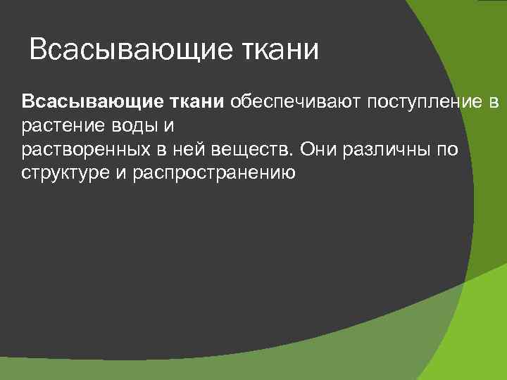 Всасывающие ткани обеспечивают поступление в растение воды и растворенных в ней веществ. Они различны