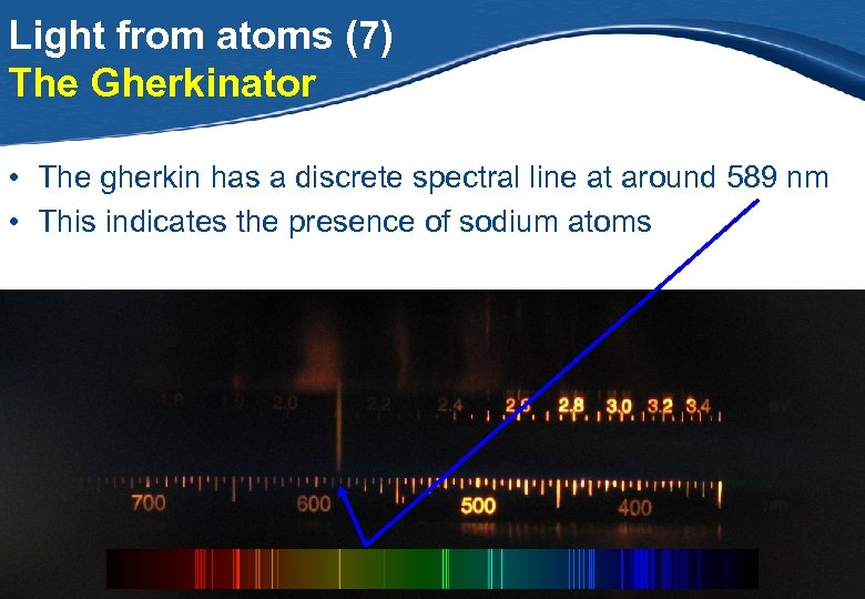 Light from atoms (7) The Gherkinator • The gherkin has a discrete spectral line
