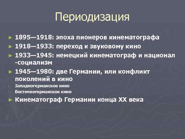 Периодизация 1895— 1918: эпоха пионеров кинематографа ► 1918— 1933: переход к звуковому кино ►