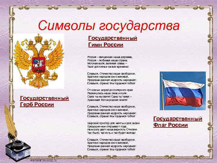 Символы государства Государственный Гимн России Россия - священная наша держава, Россия - любимая наша