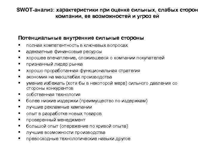 SWOT-анализ: характеристики при оценке сильных, слабых сторон компании, ее возможностей и угроз ей Потенциальные