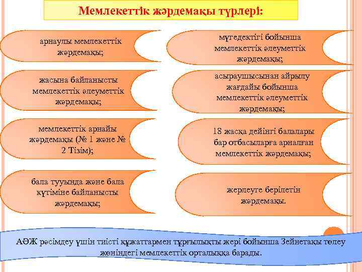Мемлекеттік жәрдемақы түрлері: арнаулы мемлекеттік жәрдемақы; мүгедектігі бойынша мемлекеттік әлеуметтік жәрдемақы; жасына байланысты мемлекеттік