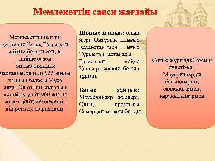 Мемлекеттің негізін қалаушы Сатұқ Боғра-хан қайтыс болған соң, ел ішінде саяси бытыраңқылық басталды. Билікті