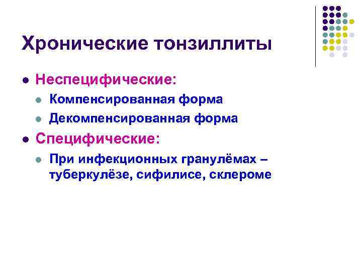 Хронические тонзиллиты l Неспецифические: l l l Компенсированная форма Декомпенсированная форма Специфические: l При