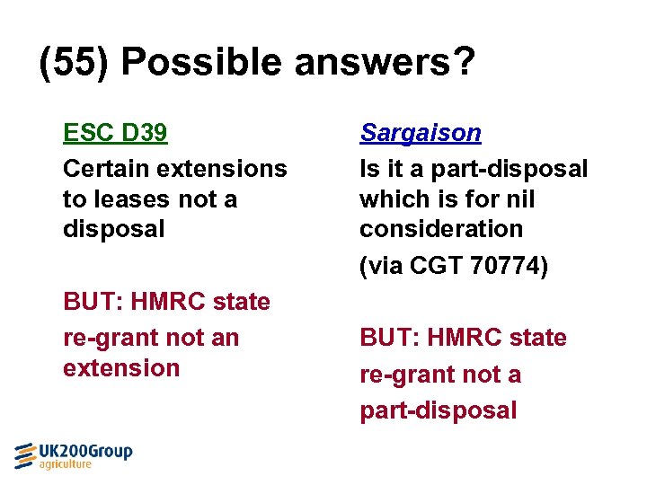 (55) Possible answers? ESC D 39 Certain extensions to leases not a disposal BUT:
