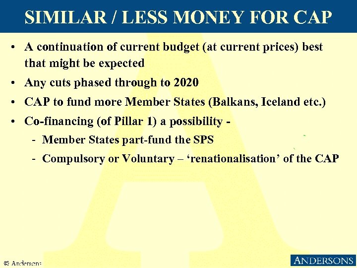 SIMILAR / LESS MONEY FOR CAP • A continuation of current budget (at current