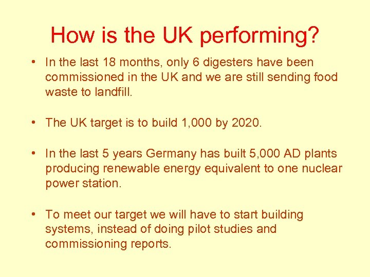 How is the UK performing? • In the last 18 months, only 6 digesters