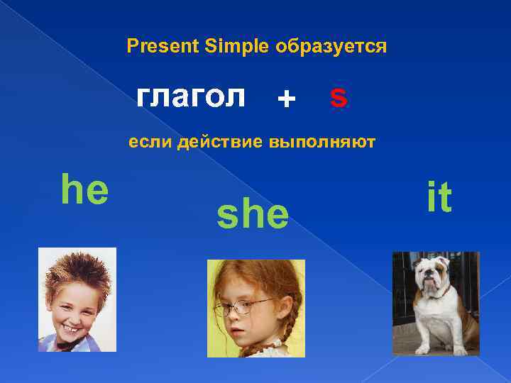 Present Simple образуется глагол + s если действие выполняют he she it 