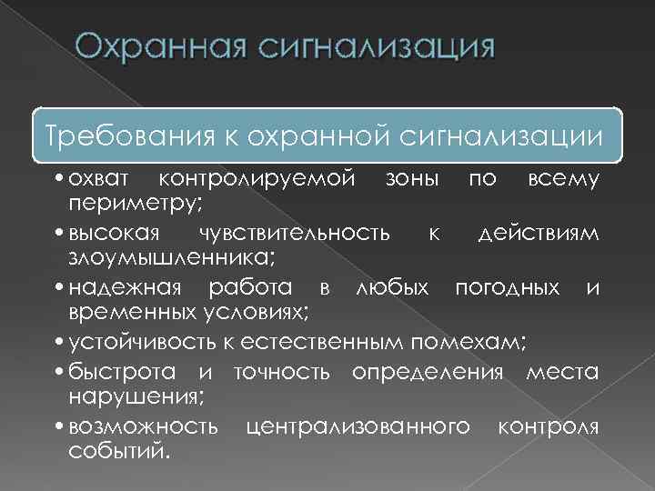 Охранная сигнализация Требования к охранной сигнализации • охват контролируемой зоны по всему периметру; •