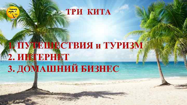 ТРИ КИТА 1. ПУТЕШЕСТВИЯ и ТУРИЗМ 2. ИНТЕРНЕТ 3. ДОМАШНИЙ БИЗНЕС 