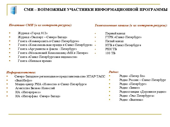 СМИ – ВОЗМОЖНЫЕ УЧАСТНИКИ ИНФОРМАЦИОННОЙ ПРОГРАММЫ Печатные СМИ (и их интернет-ресурсы): § § §