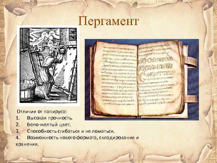 Пергамент Отличия от папируса: 1. Высокая прочность. 2. Бело-желтый цвет. 3. Способность сгибаться и