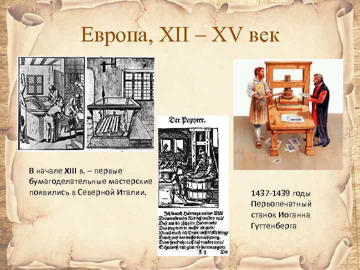 Европа, XII – XV век В начале XIII в. – первые бумагоделательные мастерские появились