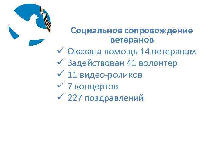 ü ü ü Социальное сопровождение ветеранов Оказана помощь 14 ветеранам Задействован 41 волонтер 11