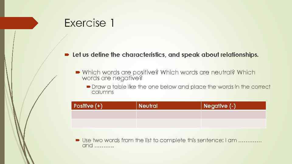 Exercise 1 Let us define the characteristics, and speak about relationships. Which words are