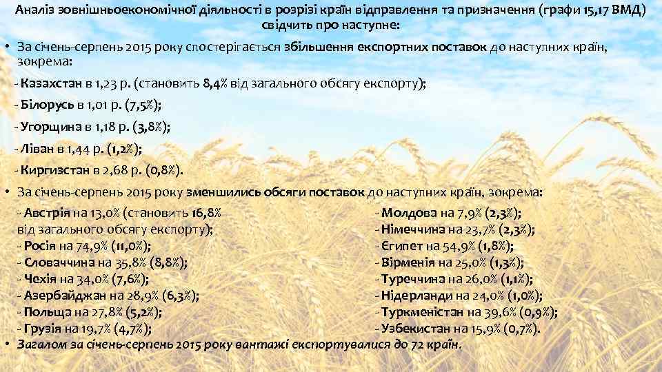 Аналіз зовнішньоекономічної діяльності в розрізі країн відправлення та призначення (графи 15, 17 ВМД) свідчить