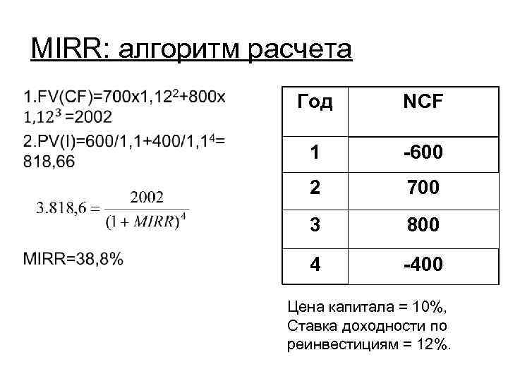 МIRR: алгоритм расчета • Год NCF 1 -600 2 700 3 800 4 -400