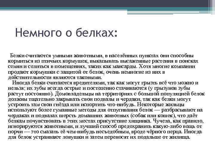 Немного о белках: Белки считаются умными животными, в населённых пунктах они способны кормиться из