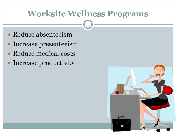 Worksite Wellness Programs Reduce absenteeism Increase presenteeism Reduce medical costs Increase productivity 