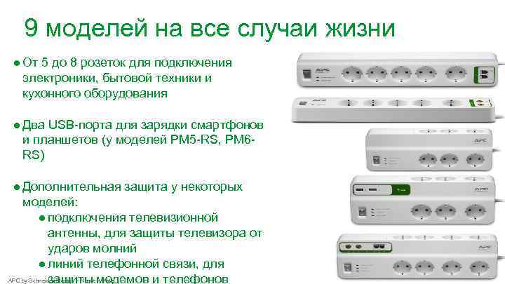 9 моделей на все случаи жизни ● От 5 до 8 розеток для подключения