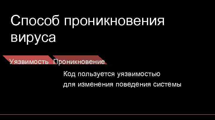 Способ проникновения вируса Уязвимость Проникновение Код пользуется уязвимостью для изменения поведения системы 