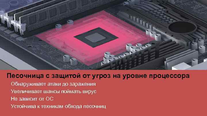 Песочница с защитой от угроз на уровне процессора • • Обнаруживает атаки до заражения