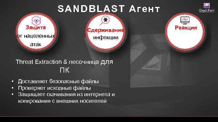 SANDBLAST Агент Защита Сдерживание инфекции от нацеленных атак Threat Extraction & песочница для ПК
