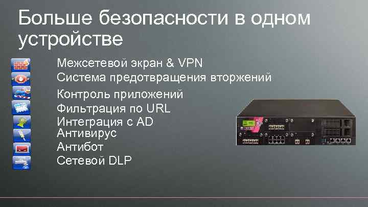 Больше безопасности в одном устройстве Межсетевой экран & VPN Система предотвращения вторжений Контроль приложений