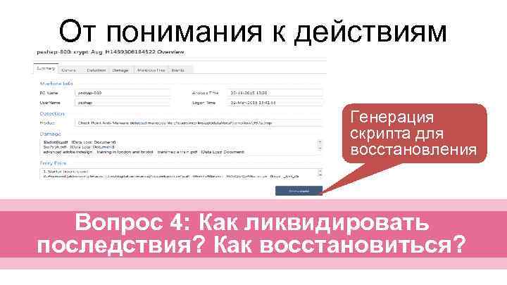 От понимания к действиям Генерация скрипта для восстановления Вопрос 4: Как ликвидировать последствия? Как