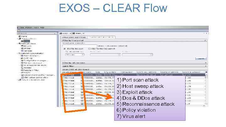 EXOS – CLEAR Flow 1) Port scan attack 2) Host sweep attack 3) Exploit