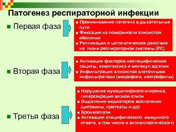 Патогенез респираторной инфекции n n n Первая фаза Вторая фаза Третья фаза ■ Проникновение