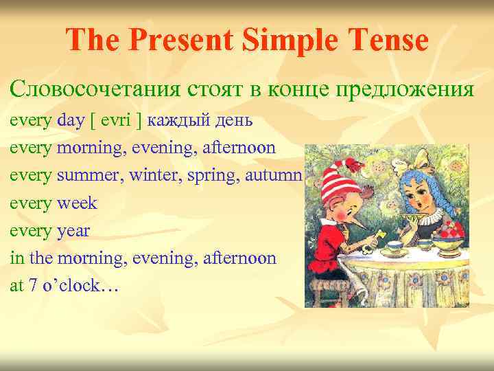 The Present Simple Tense Словосочетания стоят в конце предложения every day [ evri ]