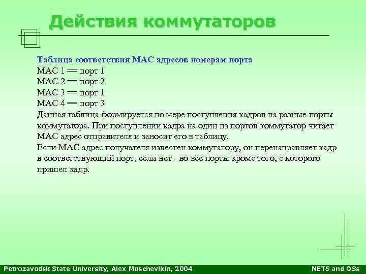 Действия коммутаторов Таблица соответствия MAC адресов номерам порта MAC 1 == порт 1 MAC