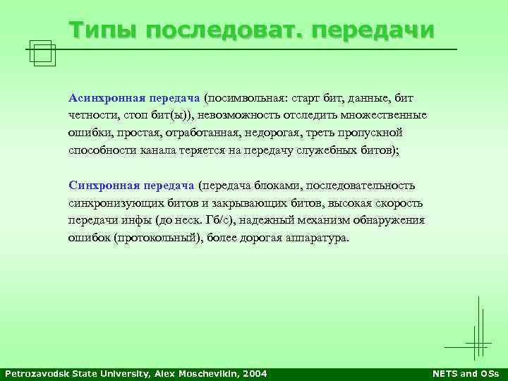 Типы последоват. передачи Асинхронная передача (посимвольная: старт бит, данные, бит четности, стоп бит(ы)), невозможность