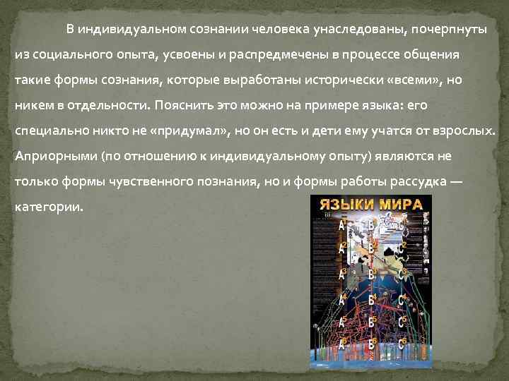 В индивидуальном сознании человека унаследованы, почерпнуты из социального опыта, усвоены и распредмечены в процессе